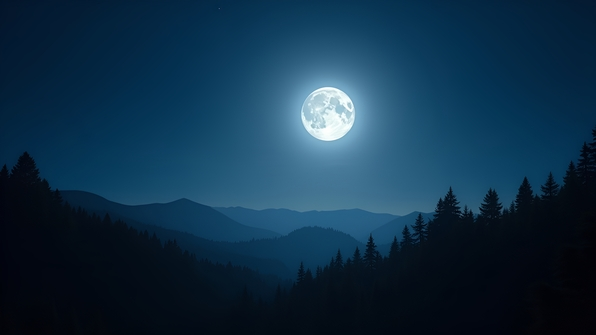 Full moon over tranquil forest landscape with silhouetted trees under a clear night sky