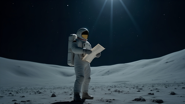 A man in a futuristic space suit stands on a lunar surface holding a newspaper with visible headlines under a starry night sky