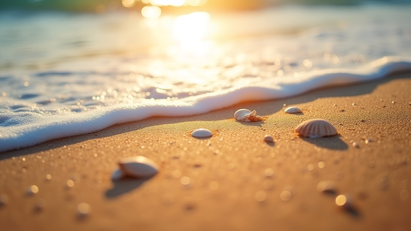 Close-up of gentle ocean waves washing over golden sandy beach under bright sunlight