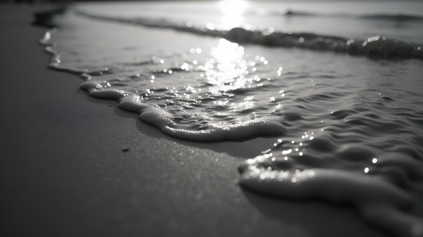 Gentle water ripples on textured sandy beach showing natural patterns and subtle reflections in grayscale