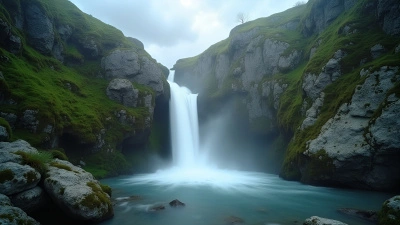 Gentle Waterfall Over Gray Rocks and Moss