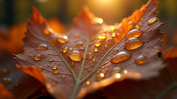 Glistening Water Droplets On Autumn Leaf