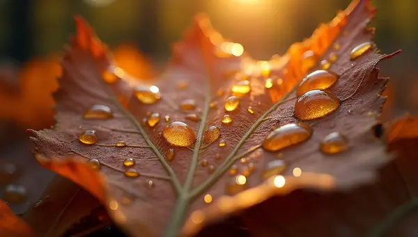 Glistening Water Droplets On Autumn Leaf