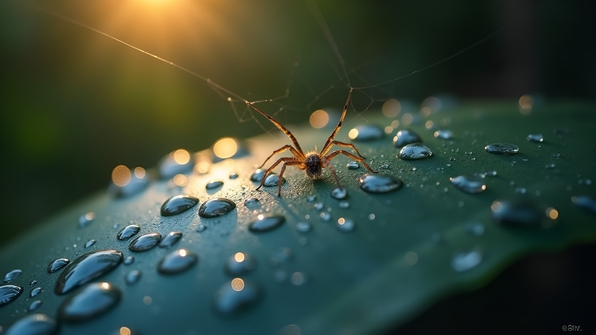 Close-up macro shot of glistening water droplets on a smooth surface with soft natural lighting and a blurred background