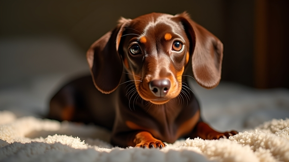 Close-up of a glossy chocolate Dachshund dog sitting on a soft blanket with expressive eyes and smooth fur