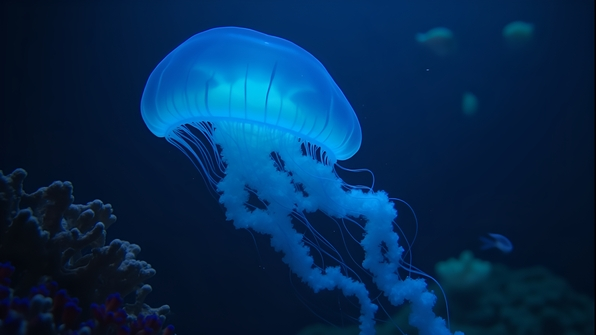 Close-up of a glowing blue jellyfish swimming gracefully through dark ocean water with delicate tentacles trailing behind