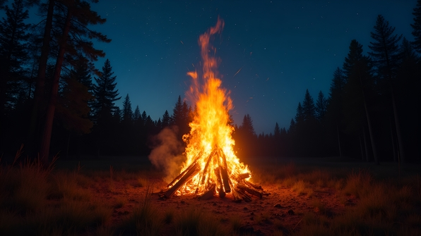 Glowing Bonfire at Night Under Starry Sky
