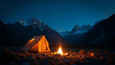 Glowing Bonfire Near Cozy Tent At Mountain Camp