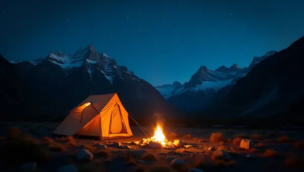 Glowing Bonfire Near Cozy Tent At Mountain Camp