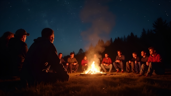 A glowing bonfire crackling under a starry night sky with people enjoying warmth and storytelling