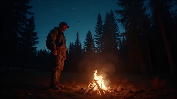 A man stands beside a glowing campfire under a starry night sky in a dark forest