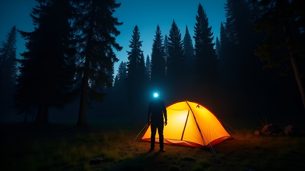 A man wearing a headlamp stands illuminated in front of a glowing camping tent at dusk in a forest clearing