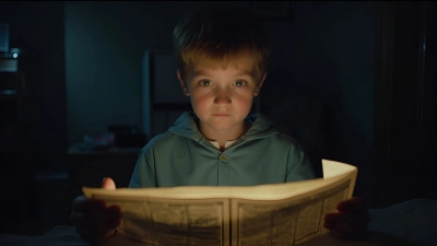 Glowing Newspaper Illuminates Curious Face Indoors