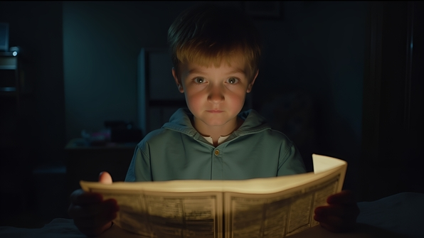 A person holding a glowing newspaper illuminating their face with a focused and curious expression in a dimly lit room