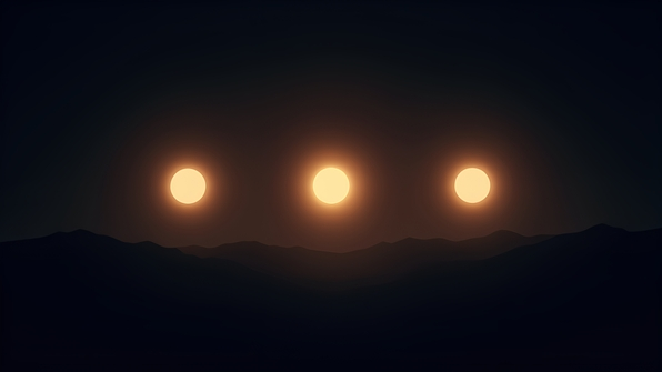 Three glowing solar eclipses aligned horizontally in a dark black night sky with radiant halos
