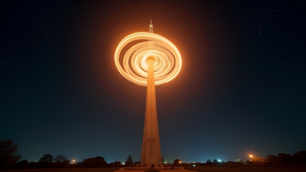 A glowing spiral light swirling above a tall tower against a dark starry night sky with city lights in the background