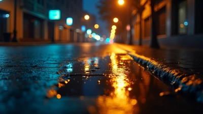 Glowing Street Light Reflection On Rainy Sidewalk