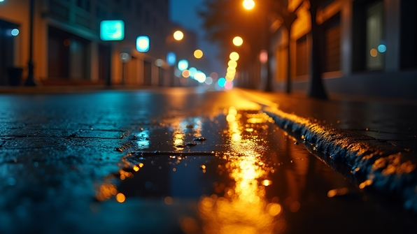 A glowing street light reflection on a rain-soaked urban sidewalk puddle at nighttime