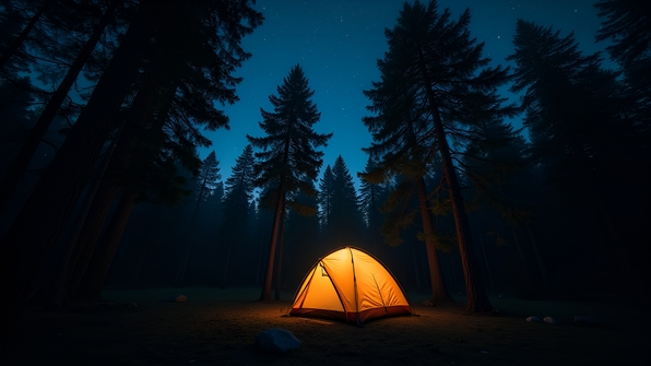 A glowing tent illuminated from within stands amidst a dark, serene forest at night under a starry sky