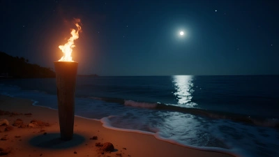 Glowing Tiki Torch on Calm Ocean Shore