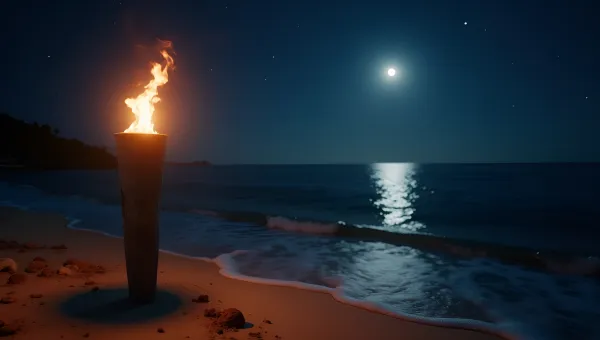 Glowing Tiki Torch on Calm Ocean Shore