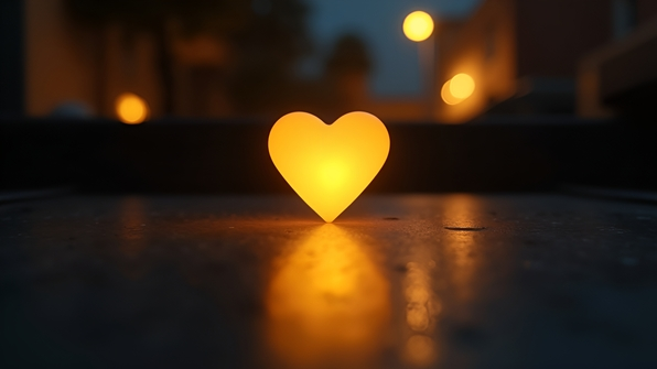 A glowing yellow heart-shaped light softly illuminating a sleek black surface with subtle reflections