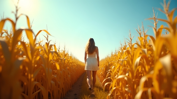 A serene woman strolling through a golden cornfield under a clear blue sky