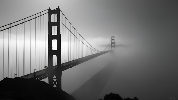 High-contrast grayscale image of the Golden Gate Bridge in fog highlighting its iconic towers and suspension cables