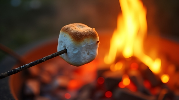 Close-up of a golden marshmallow roasting over an open flame with glowing embers and vibrant firelight