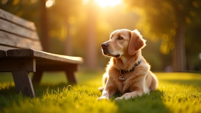 Golden Retriever on Green Grass Field at Sunset