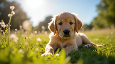 Golden Retriever Puppy Resting on Sunlit Grass
