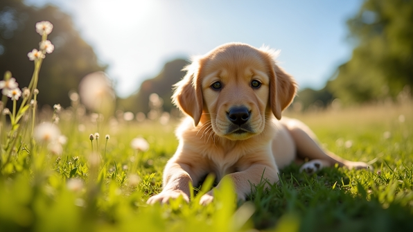 Golden retriever puppy resting on sunlit grassy ground under a clear blue sky