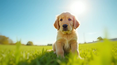 Golden Retriever Puppy Sitting On Green Grass