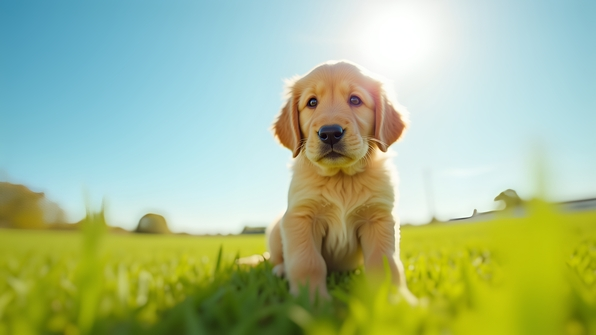 Golden retriever puppy sitting on lush green grass under bright daytime sunlight with a clear blue sky background