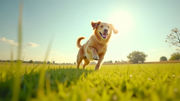 A joyful golden retriever running across a vibrant green grass field under a bright, clear daytime sky