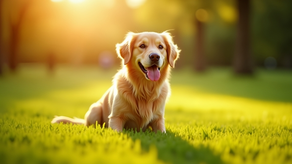 Golden retriever sitting on green grass in a park with natural sunlight