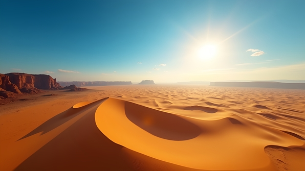 Golden sand dunes in a vast desert landscape under a bright blue sky