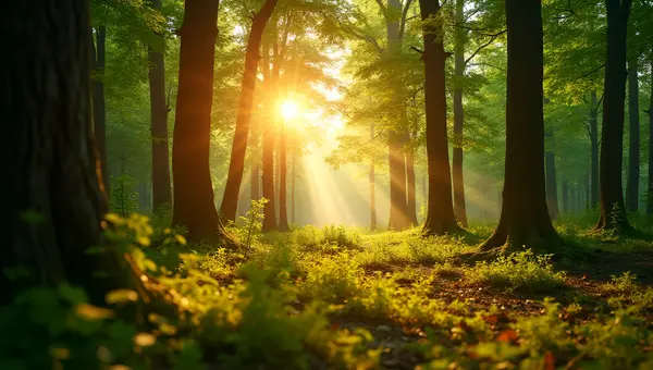 Golden Sunlight Through Lush Forest Trees