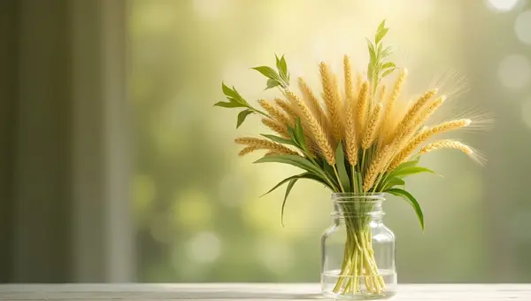 Golden Wheat Stalks In Clear Glass Vase