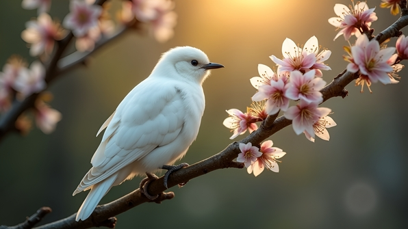 Graceful White Bird Perched on Blossoming Branch