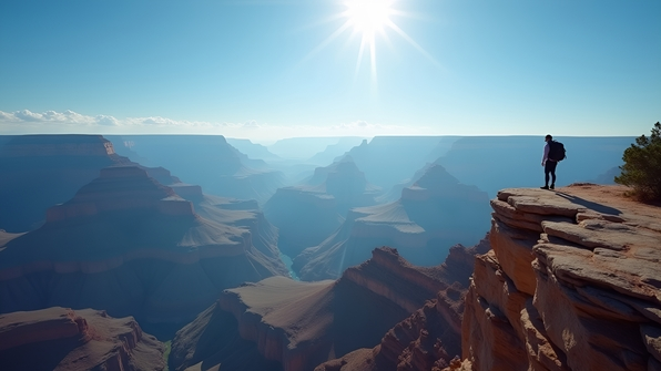 A lone hiker stands on a rocky ledge overlooking the vast sunlit Grand Canyon under a clear blue sky during midday