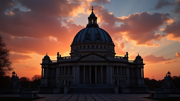 Silhouette of a grand dome sculpture against a vibrant sunset sky with intricate architectural details