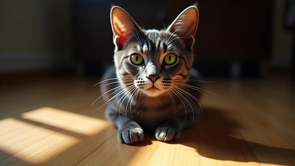 Close-up of a gray and black domestic cat with bright green eyes sitting on a wooden floor in natural sunlight