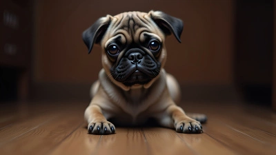 Gray And Brown Pug Sitting On Wooden Floor