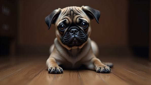 Gray and brown pug sitting on a wooden floor looking directly at the camera with expressive eyes