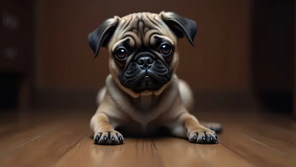 Gray And Brown Pug Sitting On Wooden Floor