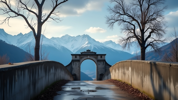 Gray concrete arch bridge standing next to a barren leafless tree with snow-capped mountains in the background