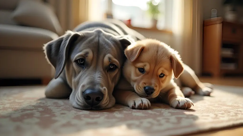 Gray Dog And Puppy Resting Indoors