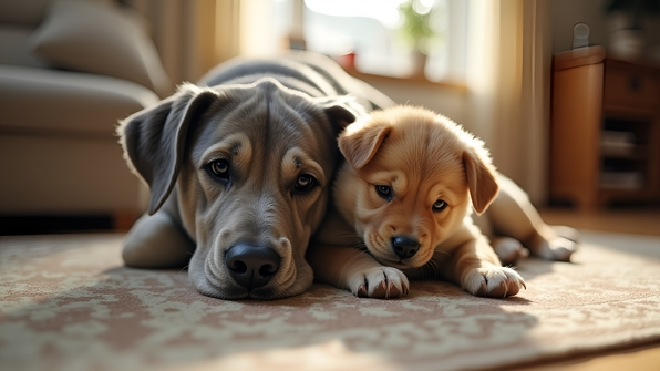 Gray dog and playful puppy resting together on a cozy patterned area rug in a bright living room