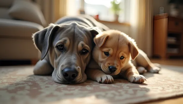 Gray Dog And Puppy Resting Indoors